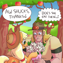 Size: 3000x3000 | Tagged: safe, artist:snail-speed, applejack, earth pony, human, g4, apple, apple tree, crossover, crossover shipping, female, high res, hol horse, holjack, human male, interspecies, jojo's bizarre adventure, male, mare, shipping, straight, tree