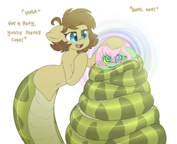 Size: 4300x3500 | Tagged: safe, artist:fluffyxai, oc, oc only, oc:saria, oc:spectral wind, lamia, original species, pegasus, pony, snake, snake pony, blushing, coiling, coils, constriction, drool, head pat, hypno eyes, hypnosis, hypnotized, kaa eyes, pat, simple background, smiling, speech, swirly eyes, tail, talking, text, white background, wrapped up
