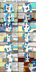 Size: 1282x2590 | Tagged: safe, dj pon-3, vinyl scratch, pony, unicorn, comic:celestia's servant interview, g4, caption, cider mug, covering eyes, cs captions, drinking, female, fire, fireplace, headphones, interview, kitchen, kitchen sink, looking at you, mare, mug, scrunchy face, solo, sunglasses, take that, text, turntable