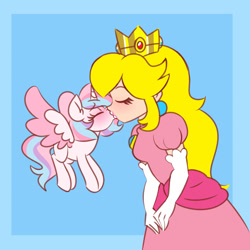 Size: 1280x1280 | Tagged: safe, artist:ladylullabystar, oc, oc:lullaby star, alicorn, human, pony, alicorn oc, crossover, crossover shipping, eyes closed, female, horn, human female, kiss on the lips, kissing, lesbian, mare, princess peach, shipping, simple background, super mario bros., wings