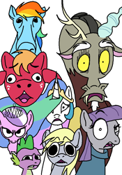 Size: 656x938 | Tagged: safe, artist:notfocks, derpy hooves, diamond tiara, discord, maud pie, princess celestia, rainbow dash, spike, alicorn, draconequus, dragon, earth pony, pegasus, pony, unicorn, g4, faic, female, looking at you, male, mare, meme, offscreen character, pov, reaction image, simple background, white background