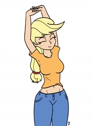Size: 1600x2200 | Tagged: safe, artist:mkogwheel, applejack, human, g4, arms in the air, belly button, breasts, busty applejack, clothes, denim, eyes closed, female, hatless, humanized, jeans, midriff, missing accessory, pants, simple background, smiling, solo, stretching, white background