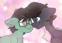 Size: 6000x4200 | Tagged: safe, artist:fluffyxai, oc, oc:jimpy, oc:tenerius, earth pony, pony, skunk, skunk pony, blushing, chest fluff, commission, earth pony oc, glasses, looking at each other, looking at someone, smiling, your character here