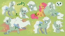 Size: 3840x2160 | Tagged: safe, artist:bluefeathercat, minty (g1), posey, earth pony, pony, g1, bow, butt, clover, eyes closed, four leaf clover, freckles, heart, high res, open mouth, open smile, plot, sitting, smiling, speech bubble, tail, tail bow, tongue out, underhoof