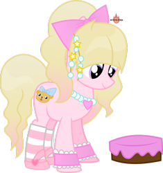 Size: 1024x1090 | Tagged: dead source, safe, artist:meteor-spark, oc, oc only, oc:lolita, cat, earth pony, pony, blonde, blonde mane, blonde tail, bow, bracelet, cake, clip, clothes, commission, earth pony oc, female, food, frills, frosting, gradient mane, gradient tail, hair bow, hairpin, happy, heart, jewelry, lightly watermarked, looking down, mare, necklace, pearl necklace, purple eyes, simple background, smiling, socks, solo, source in the description, striped socks, tail, transparent background, watermark