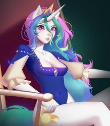 Size: 1676x1920 | Tagged: safe, artist:ambrysic, princess celestia, alicorn, anthro, g4, belly button, big eyes, breasts, cleavage, clothes, crown, ears, eyebrows, eyelashes, female, high-cut clothing, hips, horn, jewelry, leotard, lips, multicolored hair, multicolored tail, nostrils, puckered lips, regalia, short sleeves, sitting, skintight clothes, solo, tail, thighs, throne, unicorn horn