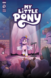 Size: 2063x3131 | Tagged: safe, artist:gigi dutreix, idw, official comic, pipp petals, pegasus, pony, g5, official, spoiler:comic, spoiler:g5comic, spoiler:g5comic16, :<, audience, cheering, coat markings, comic cover, crowd, crown, diadem, excited, eyebrows, eyes closed, female, frown, headband, high res, jewelry, mare, microphone, my little pony logo, open mouth, open smile, partially open wings, regalia, signature, smiling, socks (coat markings), spotlight, unshorn fetlocks, wings