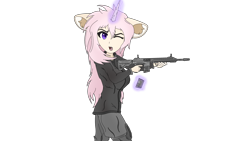 Size: 3840x2160 | Tagged: safe, artist:straighttothepointstudio, oc, oc only, oc:pekira, unicorn, anthro, g5, 4k, angry, anime, anthro oc, armor, assault rifle, clothes, digital art, ear fluff, eyebrows, female, frown, glowing, glowing horn, gun, high res, horn, human facial structure, jacket, levitation, long hair, looking at you, magazine, magic, magic aura, one eye closed, open mouth, pants, pink hair, purple eyes, reloading, rifle, simple background, solo, telekinesis, transparent background, unicorn oc, walking, weapon, wrinkles, yelling