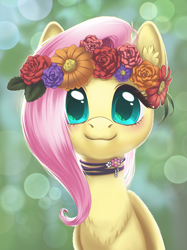 Size: 2173x2898 | Tagged: safe, artist:taytinabelle, fluttershy, pegasus, pony, :3, backlighting, blurry background, blushing, bokeh, bust, chest fluff, choker, cute, ear fluff, female, floral head wreath, flower, happy, jewelry, lighting, looking at you, mare, necklace, shading, shyabetes, smiling, solo