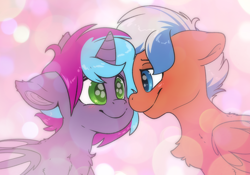 Size: 6000x4200 | Tagged: safe, artist:fluffyxai, oc, oc only, oc:cloud twist, oc:flaming spark, alicorn, bat pony, bat pony alicorn, pegasus, pony, bat pony oc, bat wings, blushing, horn, looking at each other, looking at someone, pegasus oc, shipping, smiling, wings