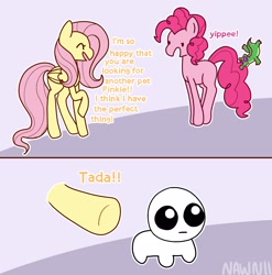 Size: 1884x1906 | Tagged: safe, artist:nawnii, fluttershy, gummy, pinkie pie, oc, oc:tbh, alligator, earth pony, pegasus, pony, g4, autism creature, comic, dialogue, eyes closed, happy, pet, pronking