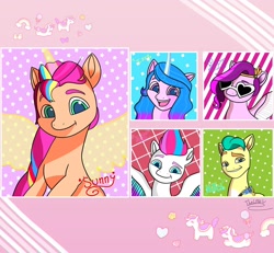 Size: 1200x1111 | Tagged: safe, artist:thelmavillagra, hitch trailblazer, izzy moonbow, pipp petals, sunny starscout, zipp storm, alicorn, earth pony, pegasus, pony, unicorn, g5, adorapipp, adorazipp, cute, female, male, mane five, mane stripe sunny, mare, multicolored hair, race swap, rainbow hair, royal sisters (g5), siblings, sisters, stallion, traditional art