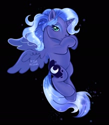 Size: 1886x2164 | Tagged: safe, artist:peachmichea, princess luna, alicorn, pony, g3, g4, black background, flying, g4 to g3, generation leap, looking at you, simple background, solo, spread wings, wings