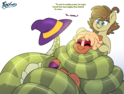 Size: 5000x3800 | Tagged: safe, artist:fluffyxai, oc, oc only, oc:honeylocks, oc:saria, earth pony, lamia, original species, pony, snake, snake pony, absurd resolution, coiling, coils, commission, dialogue, duo, eyes closed, hat, head pat, open mouth, open smile, pat, signature, simple background, smiling, tail, white background, witch hat, wrapped up