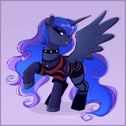 Size: 2164x2164 | Tagged: safe, artist:syrupyyy, princess luna, alicorn, pony, g4, choker, clothes, female, fishnet clothing, gradient background, high res, jewelry, mare, necklace, punk, shirt, solo, spiked choker, spread wings, stockings, striped shirt, thigh highs, wings