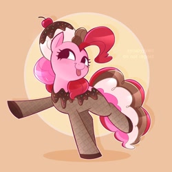 Size: 2144x2144 | Tagged: safe, artist:syrupyyy, pinkie pie, earth pony, pony, g4, :p, cherry, clothes, costume, cute, diapinkes, food, food costume, high res, ice cream, neapolitan, simple background, smiling, solo, standing on two hooves, tan background, tongue out