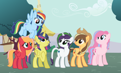 Size: 2648x1604 | Tagged: safe, artist:mlp-her, oc, oc only, alicorn, dracony, earth pony, hybrid, pegasus, pony, unicorn, alicorn oc, base used, blue eyes, brown eyes, cowboy hat, earth pony oc, flying, folded wings, freckles, green eyes, hat, hoof on chest, horn, house, interspecies offspring, leonine tail, looking at each other, looking at someone, looking down, looking up, next generation, offspring, parent:applejack, parent:big macintosh, parent:caramel, parent:comet tail, parent:fluttershy, parent:pinkie pie, parent:pokey pierce, parent:rainbow dash, parent:rarity, parent:soarin', parent:spike, parent:twilight sparkle, parents:carajack, parents:cometlight, parents:fluttermac, parents:pokeypie, parents:soarindash, parents:sparity, pegasus oc, ponyville, red eyes, spread wings, standing, stetson, tail, teal eyes, tree, unicorn oc, wings
