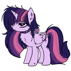 Size: 2700x2700 | Tagged: safe, artist:cutiesparke, twilight sparkle, alicorn, pony, descended twilight, g4, accessory, alternate hairstyle, bags under eyes, chest fluff, choker, collar, ear fluff, ear piercing, earring, goth, high res, hoof heart, jewelry, leg fluff, lightly watermarked, messy mane, piercing, simple background, solo, transparent background, twilight sparkle (alicorn), unamused, watermark, wing fluff, wings