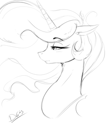 Size: 2632x2980 | Tagged: safe, artist:thelunarmoon, princess celestia, alicorn, pony, g4, black and white, bust, female, grayscale, high res, lidded eyes, mare, monochrome, simple background, sketch, solo, white background