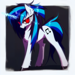 Size: 3072x3072 | Tagged: safe, ai assisted, ai content, editor:v, generator:purplesmart.ai, generator:stable diffusion, dj pon-3, vinyl scratch, pony, unicorn, g4, ear fluff, female, glowing, glowing horn, high res, horn, red eyes, solo