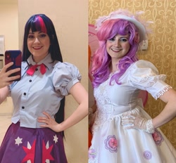 Size: 2289x2121 | Tagged: safe, artist:sarahndipity cosplay, sweetie belle, twilight sparkle, human, equestria girls, g4, cellphone, clothes, cosplay, costume, everfree northwest 2019, grin, high res, irl, irl human, phone, photo, smiling