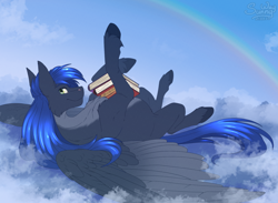 Size: 1600x1170 | Tagged: safe, artist:sunny way, oc, oc only, oc:star reader, pegasus, pony, book, chest fluff, cloud, commission, commissioner:shaddar, countershading, male, on a cloud, pegasus oc, rainbow, solo, wings