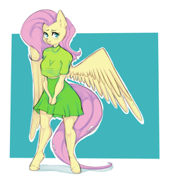 Size: 2944x3000 | Tagged: safe, artist:ranillopa, fluttershy, pegasus, anthro, unguligrade anthro, g4, breasts, busty fluttershy, clothes, eyelashes, female, full body, high res, looking at you, mare, partially open wings, passepartout, skirt, solo, wings