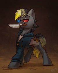 Size: 1755x2197 | Tagged: safe, artist:amishy, oc, oc only, pony, unicorn, 3d glasses, bag, clothes, hoodie, horn, knife, male, mouth hold, saddle bag, solo, stallion, unicorn oc