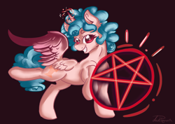 Size: 2480x1754 | Tagged: safe, artist:dankpegasista, derpibooru exclusive, cozy glow, alicorn, pony, g4, alicornified, big grin, cozycorn, evil, female, filly, foal, grin, highlights, magic, pentagram, pure concentrated unfiltered evil of the utmost potency, pure unfiltered evil, race swap, raised hoof, red eyes, satanic, shading, smiling, solo, spread wings, summoning, wings