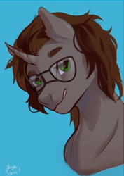 Size: 2480x3508 | Tagged: safe, artist:jaynsparkle, oc, oc only, pony, unicorn, blue background, bust, commission, glasses, high res, horn, simple background, smiling, solo, unicorn oc