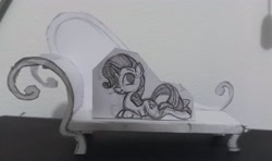 Size: 3246x1924 | Tagged: safe, artist:anonymous, rarity, pony, unicorn, g4, couch, craft, fainting couch, female, grayscale, horn, lying down, mare, monochrome, papercraft, prone, smiling, solo