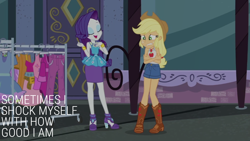 Size: 1920x1080 | Tagged: safe, edit, edited screencap, editor:quoterific, screencap, applejack, rarity, human, equestria girls, g4, my little pony equestria girls: better together, street chic, rarity peplum dress