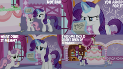 Size: 2000x1125 | Tagged: safe, edit, edited screencap, editor:quoterific, screencap, rarity, sweetie belle, pony, unicorn, 28 pranks later, g4, cake, carousel boutique, food, implied rainbow dash