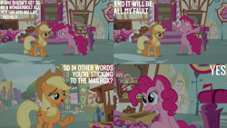 Size: 2000x1125 | Tagged: safe, edit, edited screencap, editor:quoterific, screencap, applejack, pinkie pie, earth pony, pony, g4, wonderbolts academy, bipedal, duo, duo female, female, mailbox, mare, nose in the air, sugarcube corner