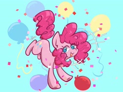 Size: 4096x3104 | Tagged: safe, artist:lynuscattips, pinkie pie, earth pony, pony, g4, balloon, blue background, confetti, cute, cyan background, diapinkes, female, high res, mare, open mouth, open smile, simple background, smiling, solo