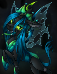Size: 2550x3300 | Tagged: safe, artist:mychelle, queen chrysalis, changeling, changeling queen, g4, black background, crown, digital art, eye clipping through hair, eyebrows, eyeshadow, fangs, female, green eyes, high res, hoof shoes, horn, insect wings, jewelry, lidded eyes, looking at you, makeup, open mouth, peytral, raised hoof, regalia, signature, simple background, smiling, smiling at you, solo, spread wings, teeth, ultimate chrysalis, wings
