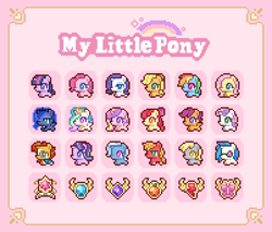 Size: 603x513 | Tagged: safe, artist:ginping0602, apple bloom, applejack, big macintosh, derpy hooves, dj pon-3, fluttershy, pinkie pie, princess cadance, princess celestia, princess luna, rainbow dash, rarity, scootaloo, starlight glimmer, sunburst, sweetie belle, trixie, twilight sparkle, vinyl scratch, g4, element of generosity, element of honesty, element of kindness, element of laughter, element of loyalty, element of magic, elements of harmony, pixel art