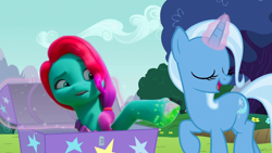 Size: 1280x720 | Tagged: safe, edit, edited screencap, screencap, jazz hooves, trixie, earth pony, pony, unicorn, g4, g5, growing pains, my little pony: make your mark, my little pony: make your mark chapter 2, no second prances, season 6, spoiler:my little pony: make your mark, spoiler:my little pony: make your mark chapter 2, spoiler:mymc02e02, chest, duo, duo female, earth pony magic, eyes closed, female, glowing, glowing horn, horn, jazz has no ears, jazz hooves is not amused, levitation, looking at something, magic, no ears, outdoors, raised hoof, random, silly, silly pony, telekinesis, unamused