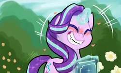 Size: 2206x1342 | Tagged: safe, artist:lynuscattips, starlight glimmer, pony, unicorn, g4, memnagerie, spoiler:memnagerie, blushing, book, cute, eyes closed, female, friendship is forever, glimmerbetes, glowing, glowing horn, grin, happy, horn, levitation, magic, magic aura, mare, redraw, scene interpretation, smiling, solo, telekinesis