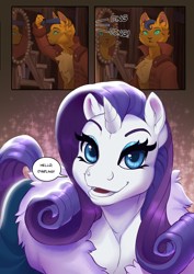 Size: 744x1052 | Tagged: safe, artist:melapraxis, capper dapperpaws, rarity, abyssinian, cat, pony, unicorn, comic:come in rarity, g4, brushing, chest fluff, clothes, coat, comb, comic, female, klugetown, mare, mirror, onomatopoeia, smiling
