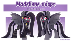 Size: 3542x2045 | Tagged: safe, artist:madelinne, oc, oc only, bat pony, adoptable, adoptable open, bat pony oc, clothes, collar, happy, high res, long hair, reference sheet, simple background, socks, solo, stars, striped socks, white background