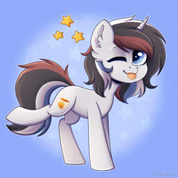 Size: 2500x2500 | Tagged: safe, artist:madelinne, oc, oc only, oc:soothing song, pony, unicorn, :p, happy, high res, horn, looking at you, male, one eye closed, solo, stallion, stars, tongue out, unicorn oc, wink, winking at you