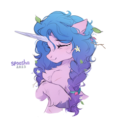 Size: 2018x2104 | Tagged: safe, artist:spoosha, izzy moonbow, pony, unicorn, g5, braid, chest fluff, crystal, ear fluff, female, flower, flower in hair, high res, jewelry, mare, pigtails, simple background, solo, unshorn fetlocks, white background