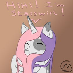 Size: 3200x3200 | Tagged: safe, artist:maître cervidé, oc, oc only, oc:arcana glyph, pony, unicorn, female, gradient background, high res, imitation, laughing, not sweetie belle, solo