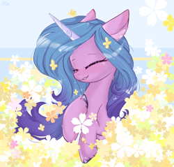 Size: 1232x1177 | Tagged: safe, artist:泽虹sunbow, izzy moonbow, pony, unicorn, g5, colored ear fluff, cute, ears back, eyes closed, female, floppy ears, flower, flower in hair, gradient mane, half body, hoof on chest, izzybetes, mare, simple background, smiling, solo, unshorn fetlocks