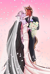 Size: 2265x3302 | Tagged: safe, artist:blackblood-queen, oc, oc only, oc:firefall, oc:violet thorn, bat pony, unicorn, anthro, unguligrade anthro, anthro oc, bat pony oc, bouquet, bouquet of flowers, clothes, commission, couple, digital art, dress, eyes closed, female, flower, flower petals, happy, horn, husband and wife, kiss on the lips, kissing, male, mare, marriage, married, married couple, oc x oc, petals, rose, shipping, stallion, straight, suit, unicorn oc, wedding, wedding dress, wedding veil