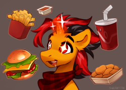 Size: 3184x2286 | Tagged: safe, artist:sugarstar, oc, oc:selest light, pony, unicorn, burger, drink, drool, drool on face, food, french fries, hamburger, magic, solo, sparkles