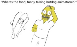 Size: 750x456 | Tagged: safe, artist:boxybrown, female, food, homer simpson, hot dog, mare, meat, sausage, simple background, text, white background