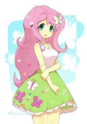 Size: 2100x3000 | Tagged: safe, artist:fuyugi, fluttershy, human, equestria girls, g4, bare shoulders, breasts, butterfly hairpin, clothes, cute, dress, female, high res, legs together, looking at you, open mouth, shyabetes, sleeveless, solo
