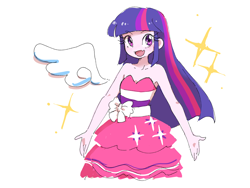 Size: 3200x2400 | Tagged: safe, artist:fuyugi, twilight sparkle, human, equestria girls, g4, my little pony equestria girls, bare shoulders, clothes, cute, cute little fangs, dress, fall formal outfits, fangs, female, high res, human coloration, open mouth, simple background, sleeveless, solo, strapless, twiabetes, twilight ball dress, white background
